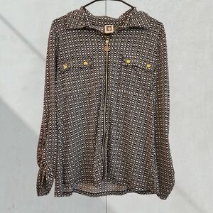 Anne Klein Top | Black White Geometric Print Long Sleeve Zip-Up Blouse | Size XL